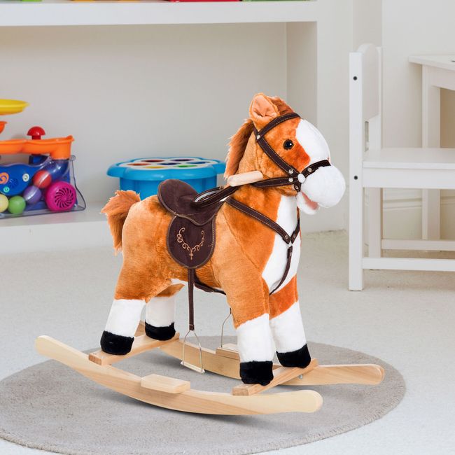 Kids Rocking Horse Plush Ride on Toy Moving Tail Child Rocker w/Sound