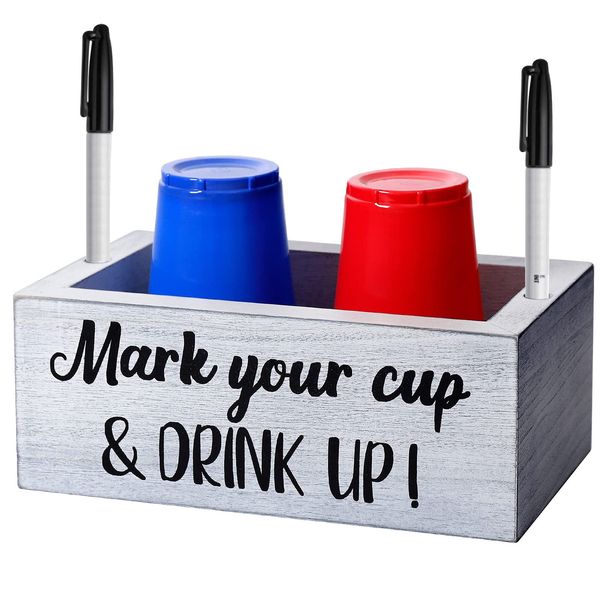 Double Solo Disposable Cup Holder with Marker Slot Mark Your Cup and Drink Up Drink Dispenser Wood Utensil Mouthwash Dispenser Farmhouse Rustic Kitchen Bar Halloween Party Wedding Decor,Hostess Gifts