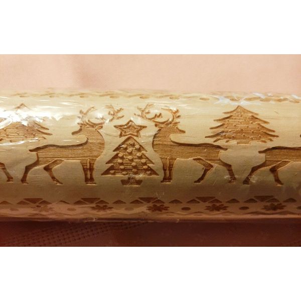 Environmental Health Rolling Pin Natural Wood Christmas Tree & Deer Embossed New