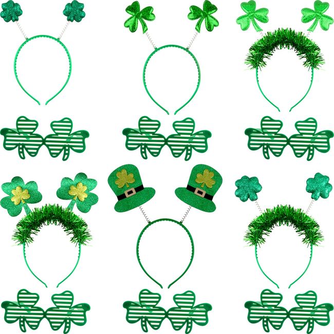 Rcanedny 12 Pack St Patrick's Day Headband Green Shamrock Sunglasses Irish Shamrocks Head Boppers for Adults Kids St Patricks Day Irish Party Favors