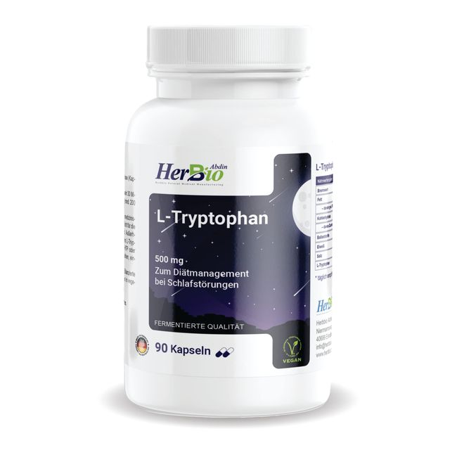 HerbBio L-Tryptophan Kapseln 500 mg - 90 hochdosierte Kapseln mit essentiellen Aminosäuren, rein pflanzlich & vegan, hohe Bioverfügbarkeit, laborgeprüfte, hochwertige Rohstoffe, Made in Germany