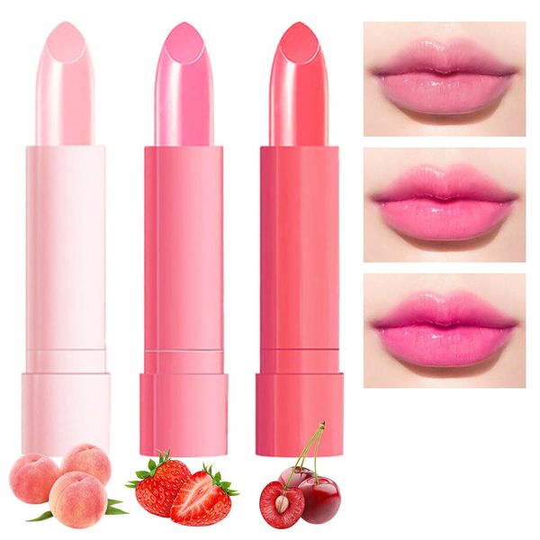 BINGBRUSH 3 Pcs Peach Strawberry Red Cherries Color Changing Lipstick Queen,Long Lasting Lip Care Moisturizer Lip Balm Magic Lip Gloss Lip Tint Stain Glossly