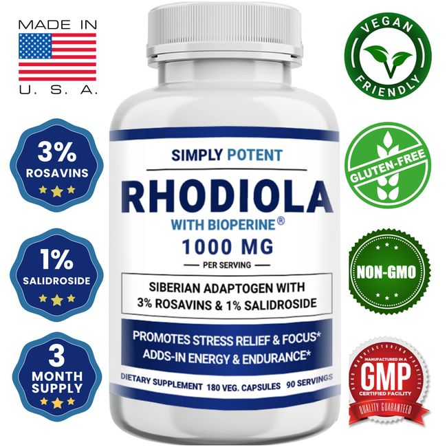 Rhodiola Rosea 1000 mg 180 Vegan Capsules, Mood Support Anxiety & Stress Relief