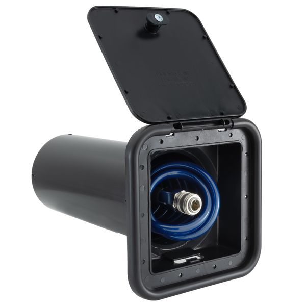 RecPro RV Exterior Spray Port | Spray Away Box with 15’ Blue Coil Hose | Twist Spray Nozzle | Swivel Quick Connect Valve (Black)