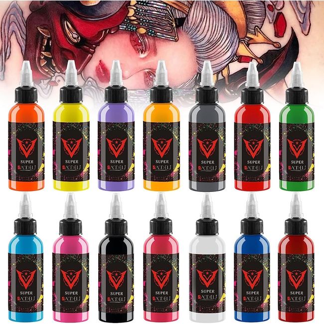 14 Piece Tattoo Ink Set, 14 Colour Pigment Set, Dynamic Ink Tattoo Supplies, Permanent Supplies, 1oz (30ml/Bottle), for 3D Makeup and Cosmetic Tattoo Enthusiasts.