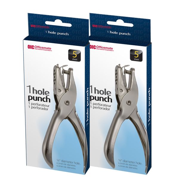 1 Hole Punch, 5 Sheet Capacity, Comes in 2 Pack, Silver (90073)