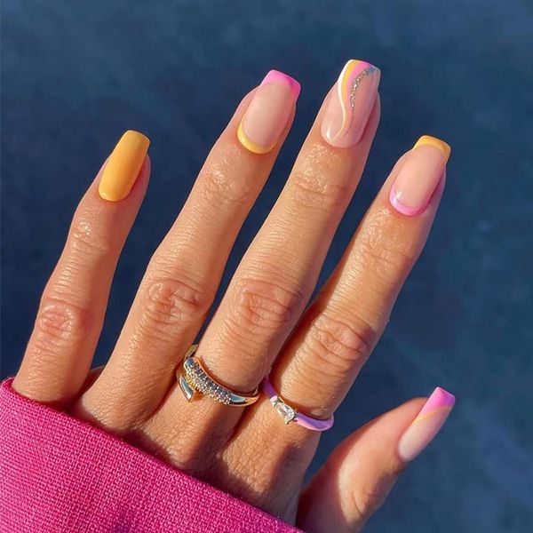 24 Pcs Swirl Square False Nails Short, Rainbow French Press on Nails with Wavy Pattern, Ballerina Acrylic Fake Nails Full Cover Stick on Nails 24pcs for Women and Girls