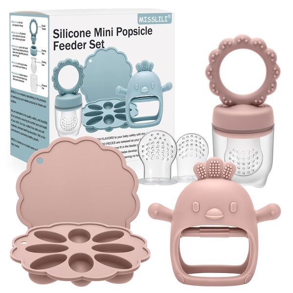 MISSLILI Baby Silicone Fruit Food Feeder Pacifier & Breastmilk Popsicle Freezer Molds,BPA Free Baby Food Storage Containers Frozen Ice Tray for Baby Feeding Safely, Infant Fruit Teething Toy (Pink)