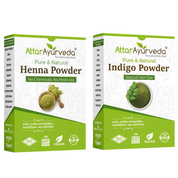 Attar Ayurveda Natural Dye for Black Hair (Henna Leaves Powder, Indigo Leaves Powder Combo Pack) (200 Grams + 200 Grams = 400 Grams Total) - 14 Ounce Pack 2