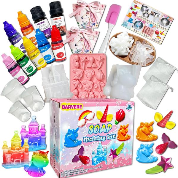 BARVERE Make Your Own Soap Children, 500 g Soap, 16 Shapes, 7 Pigments, 2 Essential Oils, 2 Gift Bags, DIY Tools, Soap Making Set Adults, Children's Birthday Gift