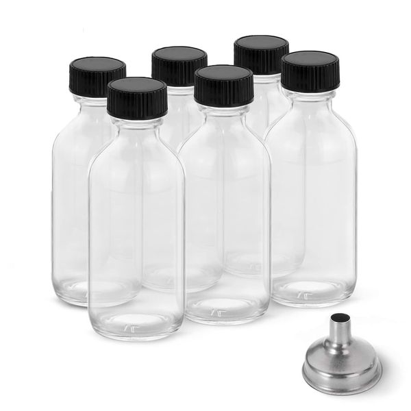 6 Pack 2 oz Juice Bottles with Lids & Stainless Steel Funnels, Wellness Ginge...