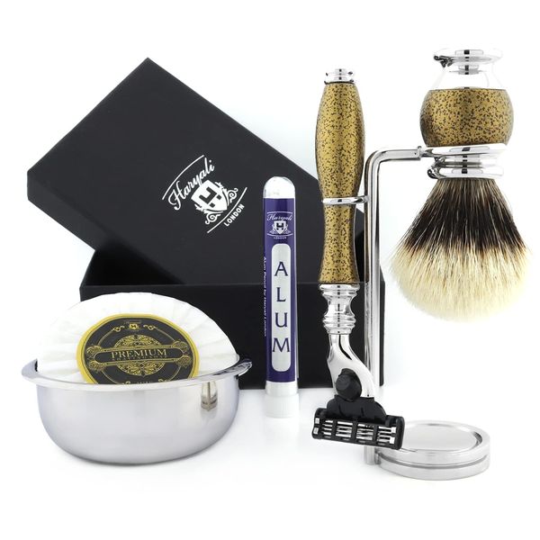 Haryali London 6Pc Mens Shaving Kit 3 Edge Razor, Silver Tip Badger Hair Brush, Bowl, Stand, Soap and Alum Perfect Set For Men