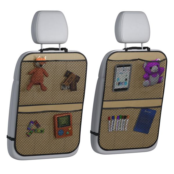 lebogner Back Seat Cover for Kids + 4 Pocket Storage Organizer, 2 Pack Kick Mats Backseat Protector, Car Accessories Waterproof Kick Guard for Vehicles to Protect from Dirt, Mud & Scratches, Beige