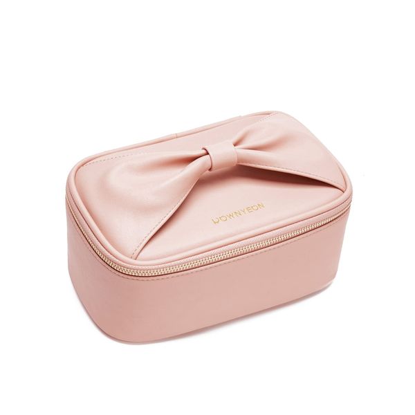 Rownyeon Makeup Pouch, Cute, Large Capacity, Pouch, Makeup, Compact, Vanity Pouch, Compact, Functional, Makeup Bag, Storage, Portable, Ribbon Handle, Small Items, Lightweight, Divider, Travel, Business Trips, Gift (Pink)