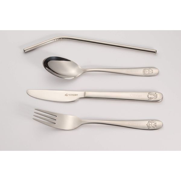 Viners Personalised Engraved Childrens Kids Cutlery Set with Straw Safari Jungle Animal