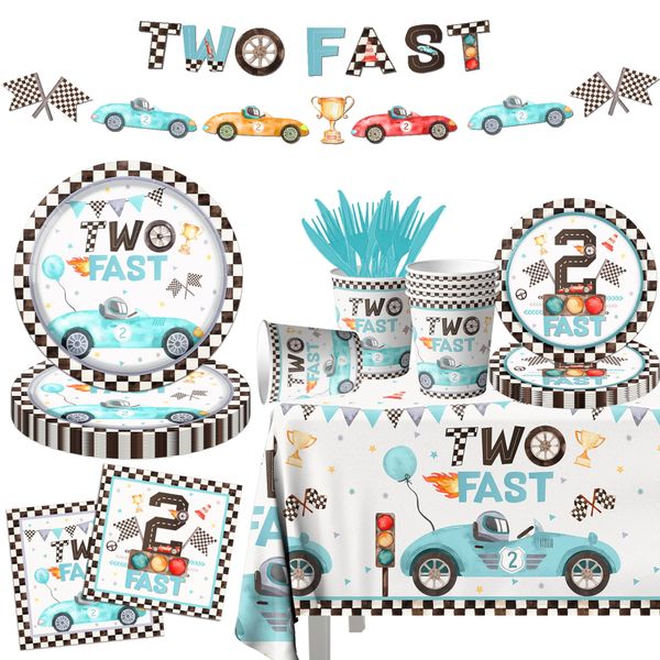 142pcs Two Fast Birthday Party Tableware Decorations for Boys Blue Race Car Checkered Flags Racing Wheel Disposable Plates,Tablecloth,Napkins,Cups,Forks and Knives for