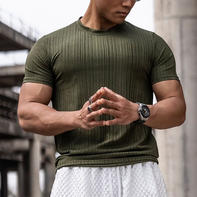 Sports short-sleeved men's slim-fit iron sports casual t-shirt high elasticity simple gym clothes, apricot