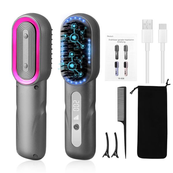 Cordless Hair Straighteners Brush,Portable 2 in 1 Hair Straighteners & Hair Brush for Travel, Temp Adjustable Hot Comb with Blue Light & Ion,5000mAh Rechargeable Hair Straightener, Telescopic Design