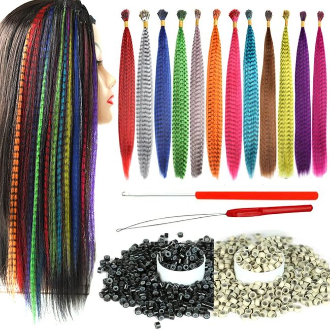 YUDAOHAIR Synthetic Feather Hair Extensions for Women 16 Inch Hairpieces With100pcs Silicone Micro link Beads And 2 Crochet Hooks Hair Feathers with Tools Kit (16'', 12 feather mix colors)