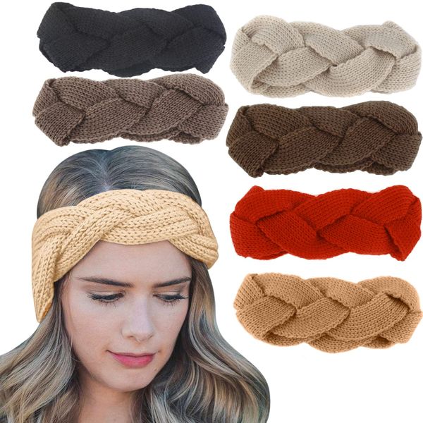 Stirnband Winter Damen 6 Stück Elastisches Gestrickt Haarbänder Bow Stirnbänder Häkeln Turban Headwrap mit Schleife und Zopfmuster Stirnbänder Winter Kopfband (Twist)