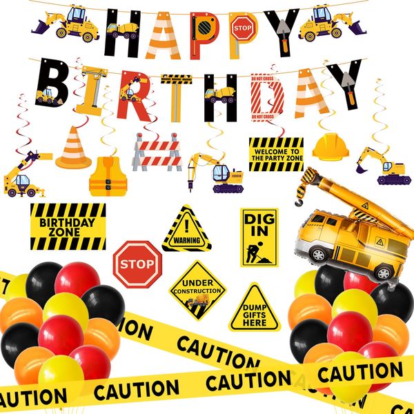 Construction Birthday Party Supplies Dump Truck Party Decorations for Boys included Happy Birthday Banner,Construction Sign,Hanging Swirls,Balloons,Caution Tape for Kids Birthday Party