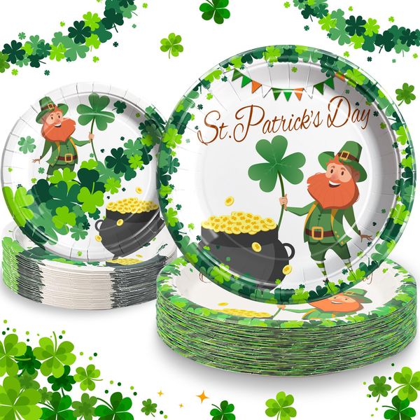 St.Patrick's Day Paper Plates 40 Counts, 23cm(9inch) and 18cm(7inch) Paper Plates St Patricks, Green Shamrock Lucky Day Leprechaun Disposable Paper Dishes for St Patricks Irish Party Dinner-20 Guests