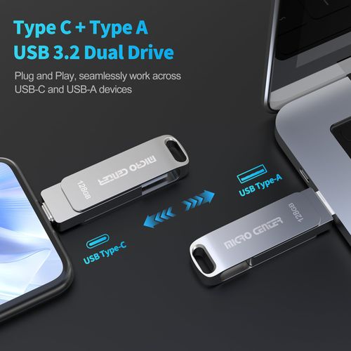 Micro Center SuperSpeed 128GB 3 Pack USB 3.2 Gen 1 Dual Drive Type-C & OTG Type-A 2-in-1 up to 200MB/s Swivel Metal Flash Drive Memory Storage Stick for Android Phones Tablets Mac Laptop