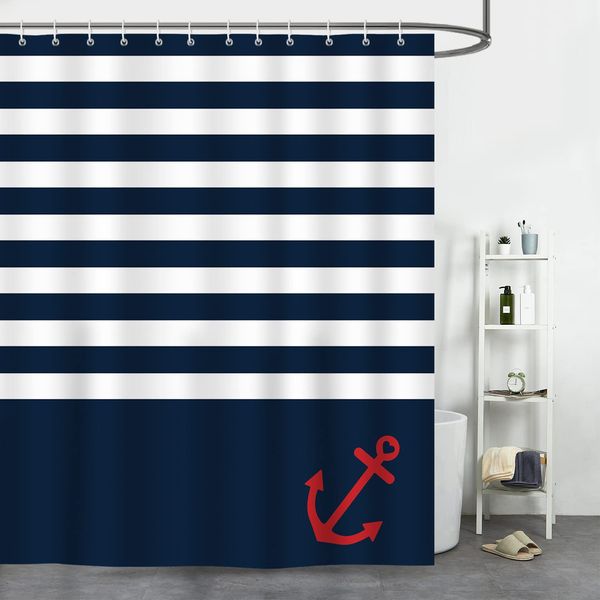 Bonhause Nautical Stripe Shower Curtain Anchor Navy Blue Decorative Bath Curtain 72 x 72 Inch Polyester Fabric Waterproof Bathroom Curtain with 12 Hooks