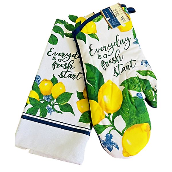 2-Pack Home Collection Lemon-Printed Kitchen Towel 25x15 in. and Oven Mitt 7x13