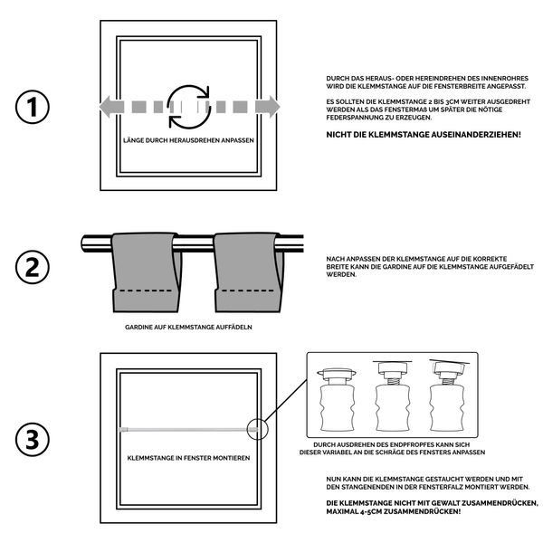 Klemmstange Sticky mit Schraubtechnik ausziehbar | Selbsthaftende Gardinenstange | kein Bohren und kein Kleben | bis 110 cm (60 - 90 cm, Weiß)