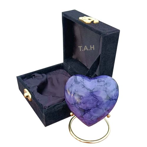 Purple Cremation Urn for Ashes Keepsake Heart Urn with Black Box and Brass Stand Mini urn for Your Loved one Adult & Funeral Burial for Adults and Infants