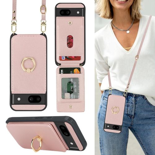 Lipvina for Google Pixel 8A Case with Card Holder and Strap for Women,Crossbody Lanyard,Ring Stand,Snap Clasp,Phone Wallet Cases 6.1 inch(Rose Gold)