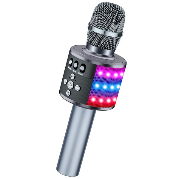 BONAOK Bluetooth Wireless Karaoke Microphone with LED Lights,4-in-1 Portable Handheld Mic with Speaker Karaoke Player for Singing Home Party Birthday Gift for Kids Adults Girls Q78(Space Gray)