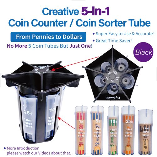 Manual Coin Counter Coin Sorter Tube with Coin Wrappers｜Sort & Roll Your Loose Change Quickly, Black 5-in-1 Coin Organizer Change Counter Machine, Coin Roller Coin Bank Holder｜Easy to Use & Accurate