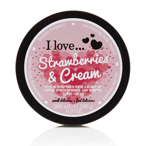 I Love Strawberries & Cream Body Butter, Made With 87% Naturally Derived Ingredients Including Shea Butter & Coconut Oil For Soft & Hydrated Skin, Moisturising & Lightly Scented, Contains Natural Fruit Extracts, Vegan-Friendly - 200ml