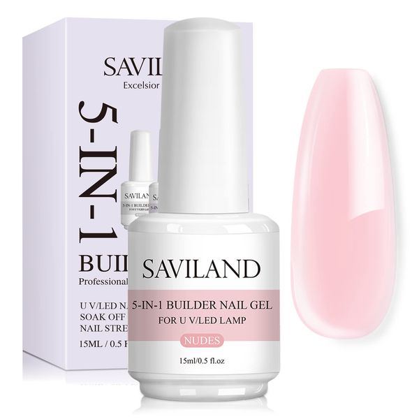 Saviland 5 in 1 Nudes Builder Nail Gel - 15ml Builder Base Strengthening Gel U V Nail Gel Polish for Nails Repair Reinforcement Extension, Nail Art Supplies Easy to Shape