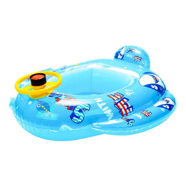 WATINC Baby Swimming Pool Float Blue Pool Float with Steering Wheel Inflatable Summer Baby Boys Girls Pool Toys Cartoon Swimming Ring for Kids Toddles Aged 9-36 Months