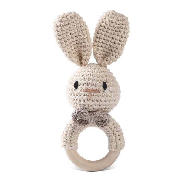 Baby Rattle Toys for Babies 0-6 Months Bunny Wooden Rattle for Baby Handmade Crochet Wooden Baby Rattle Organic Wooden Baby Toys Baby Stuffed Animals for Newborn