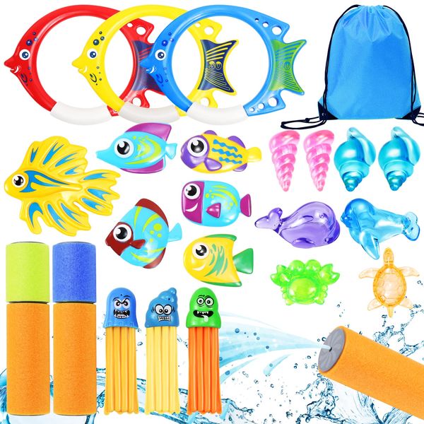 Yotako Pool Toys for Kids, 23Pcs Diving Toys Set Swimming Sinkers with Drawstring Bag Dive Rings Water Pistol Treasures Gems Stringy Octopus Fish Pool Toy Weights Game for Toddler Summer Training