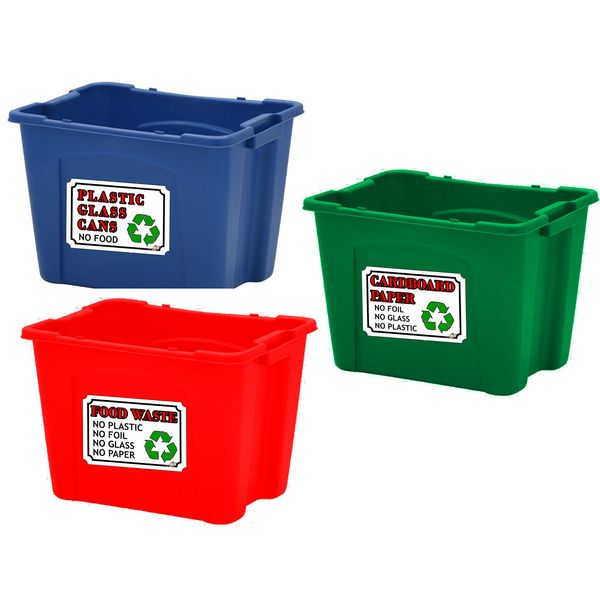 Recycling bin Stickers Set of 3 - A6 (105mm x 148mm) Plastic, Glass, Food Waste, Rubbish