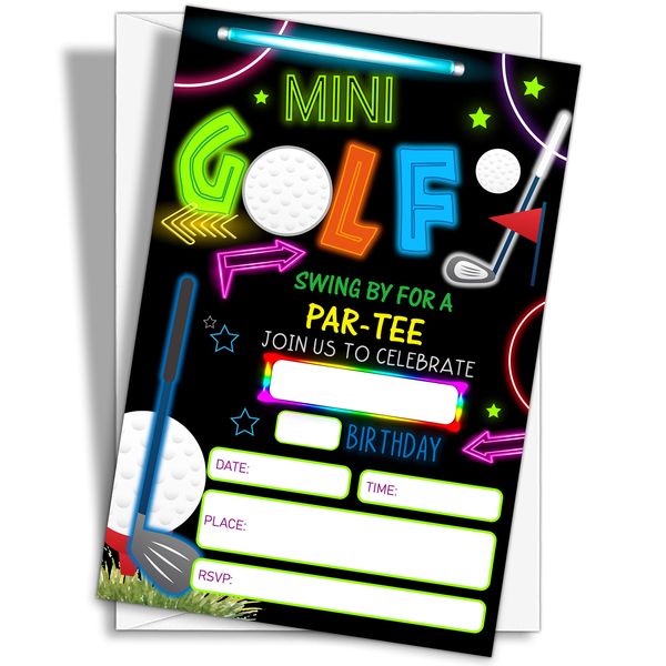 YQV Mini Golf Invitation Birthday Party Invitations, 20-Count Neon Glow Gloss Arcade Laser Sport Theme Birthday Party Invites With Envelopes-HBYQK-B01