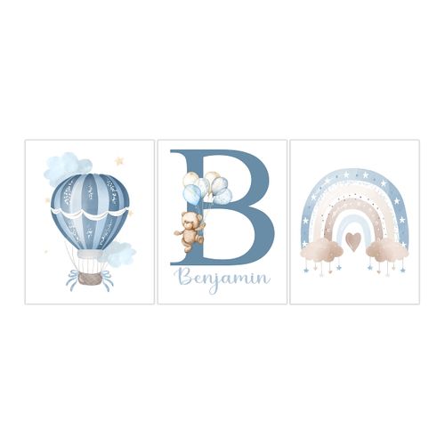 Personalized Teddy Bear Watercolor Baby Boy Rainbow Hot Air Balloon Nursery Decor Set of 3 Unframed Prints