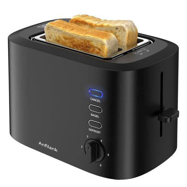 Anfilank Compact 2 Slice Toaster with 1.5" Extra Wide Slots, Built-in Warming Rack & Removable Crumb Tray - 6 Browning Options, with Defrost, Bagel, and Cancel Function - Matte Black