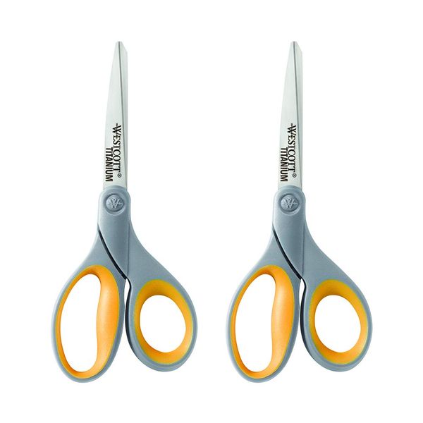 Westcott 8" Soft Grip Titanium Bonded Scissors For Office & Home, Gray/Yellow, 2-Pack (13901)