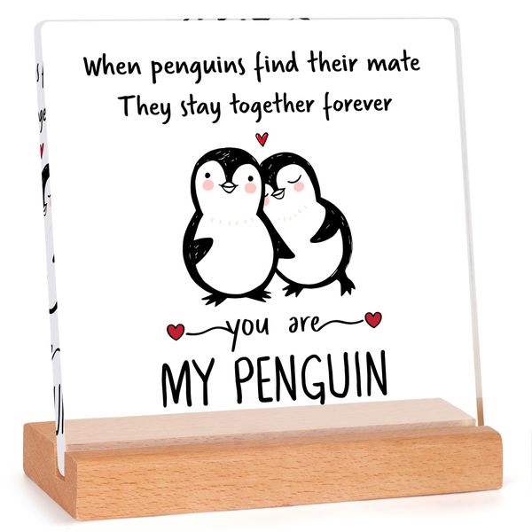 Juratar Anniversary Wedding Gifts for Him & Her, Acrylic Plaque Birthday Wedding Gifts for Couple, Romantic I Love You Gifts, Personalised Penguin Gifts for Wife, Husband, Boyfriend, Girlfriend