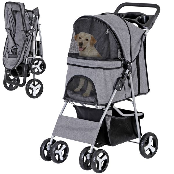 Folding Dog Stroller Travel Carrier Small Medium Cat Pet with Cup Holder Gray