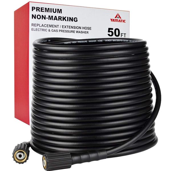 YAMATIC Kink Resistant Pressure Washer Hose 50FT 1/4" M22 Brass Fitting Power Washer Hose Replacement for Ryobi, Troy Bilt, Greenworks, CRAFTSMAN Most Brand Power Washer, 3200 PSI