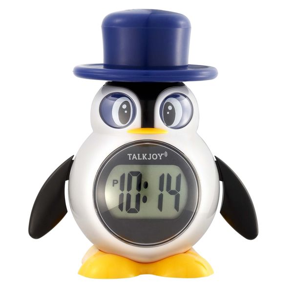 TalkJoy German Talking Children's Clock Digital Clock Table Clock Time Announcement Voice Function Penguin Alarm Clock Blind Clock Time Reading Learning Talking Function School Alarm Clock, White,