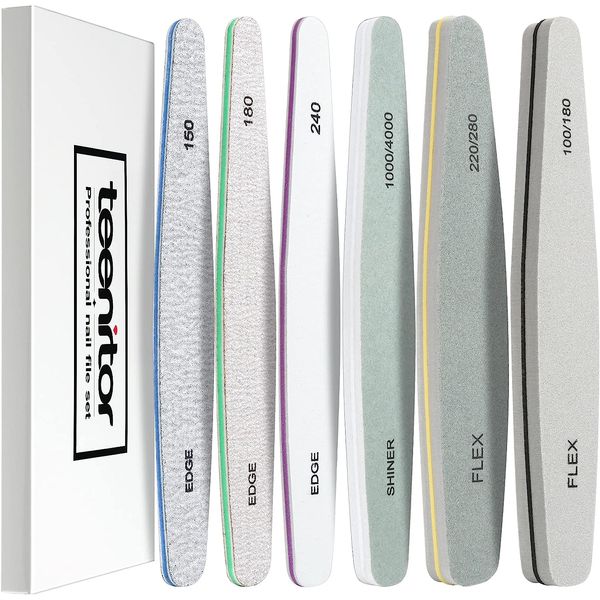 Teenitor Nail File Set, Professional Nail Buffer, Nail File, Nail Polisher for Gel Nails, 150, 180, 240, 100/180, 200/280, 1000/4000 Grit, Set of 6