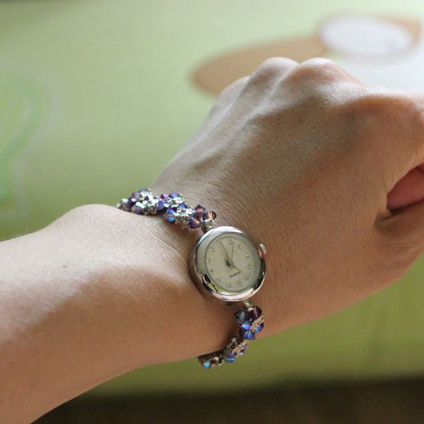 Metal Flower Wave Crystal Bead Wrist Watch Bracelet